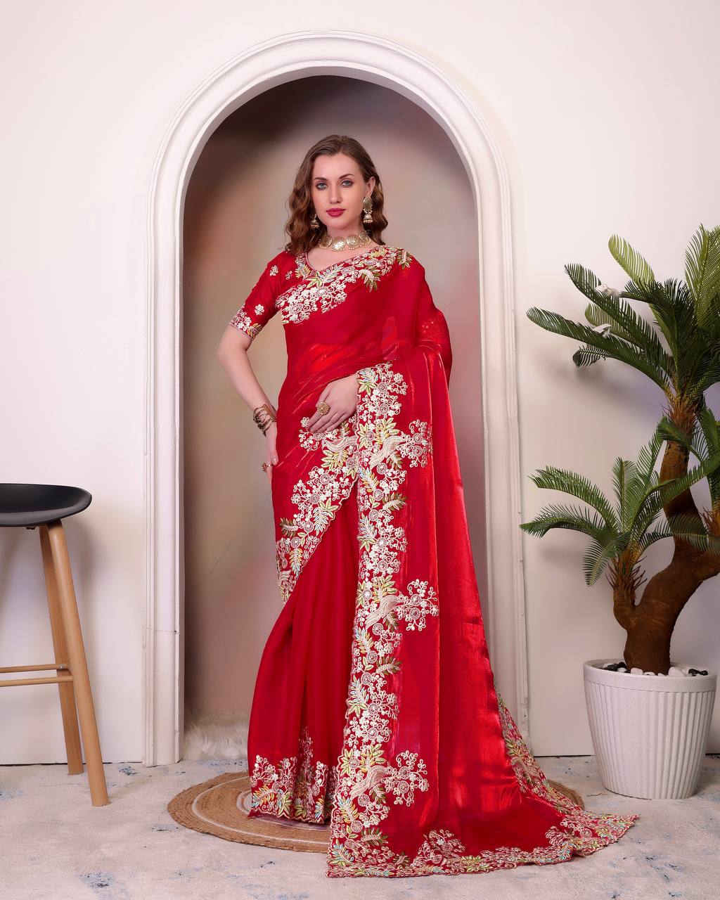 Designer Jimmy Cho Fabric Saree with Heavy Multi-Thread Embroidery, Coding & Sequins, Fancy Cutwork Border, and Mono Beglory Silk Blouse (1.2 Mtr Unstitched)