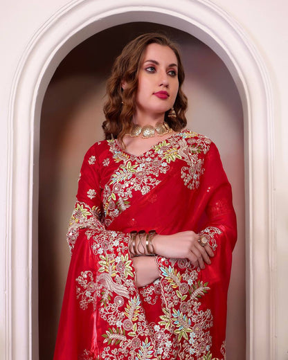 Designer Jimmy Cho Fabric Saree with Heavy Multi-Thread Embroidery, Coding & Sequins, Fancy Cutwork Border, and Mono Beglory Silk Blouse (1.2 Mtr Unstitched)