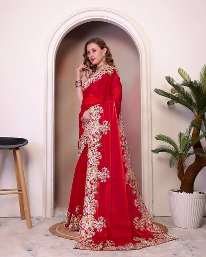 Designer Jimmy Cho Fabric Saree with Heavy Multi-Thread Embroidery, Coding & Sequins, Fancy Cutwork Border, and Mono Beglory Silk Blouse (1.2 Mtr Unstitched)