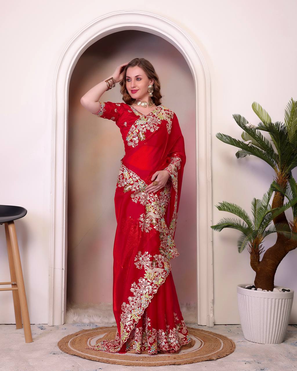 Designer Jimmy Cho Fabric Saree with Heavy Multi-Thread Embroidery, Coding & Sequins, Fancy Cutwork Border, and Mono Beglory Silk Blouse (1.2 Mtr Unstitched)