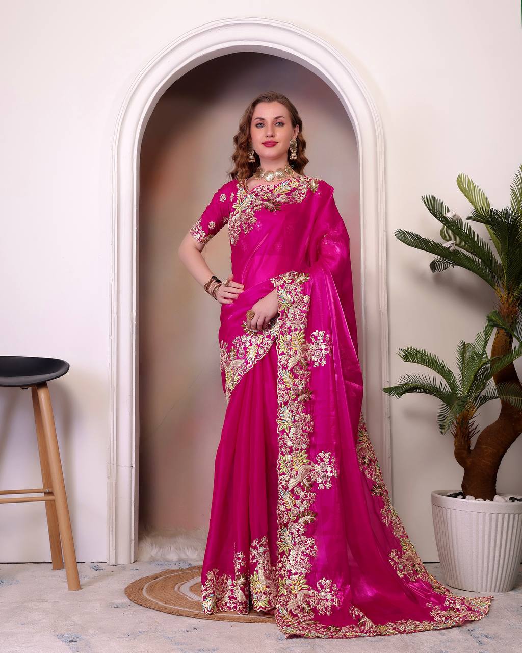 Designer Jimmy Cho Fabric Saree with Heavy Multi-Thread Embroidery, Coding & Sequins, Fancy Cutwork Border, and Mono Beglory Silk Blouse (1.2 Mtr Unstitched)