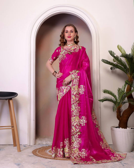 Designer Jimmy Cho Fabric Saree with Heavy Multi-Thread Embroidery, Coding & Sequins, Fancy Cutwork Border, and Mono Beglory Silk Blouse (1.2 Mtr Unstitched)