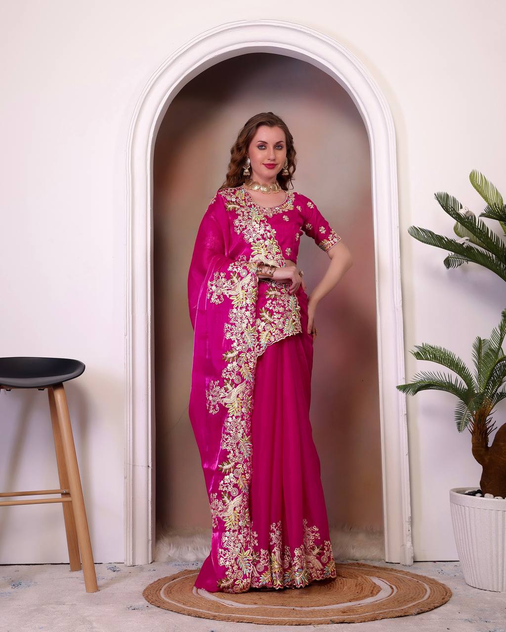 Designer Jimmy Cho Fabric Saree with Heavy Multi-Thread Embroidery, Coding & Sequins, Fancy Cutwork Border, and Mono Beglory Silk Blouse (1.2 Mtr Unstitched)