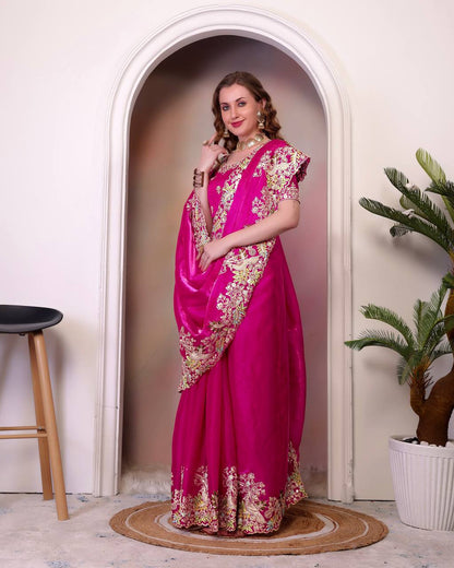 Designer Jimmy Cho Fabric Saree with Heavy Multi-Thread Embroidery, Coding & Sequins, Fancy Cutwork Border, and Mono Beglory Silk Blouse (1.2 Mtr Unstitched)