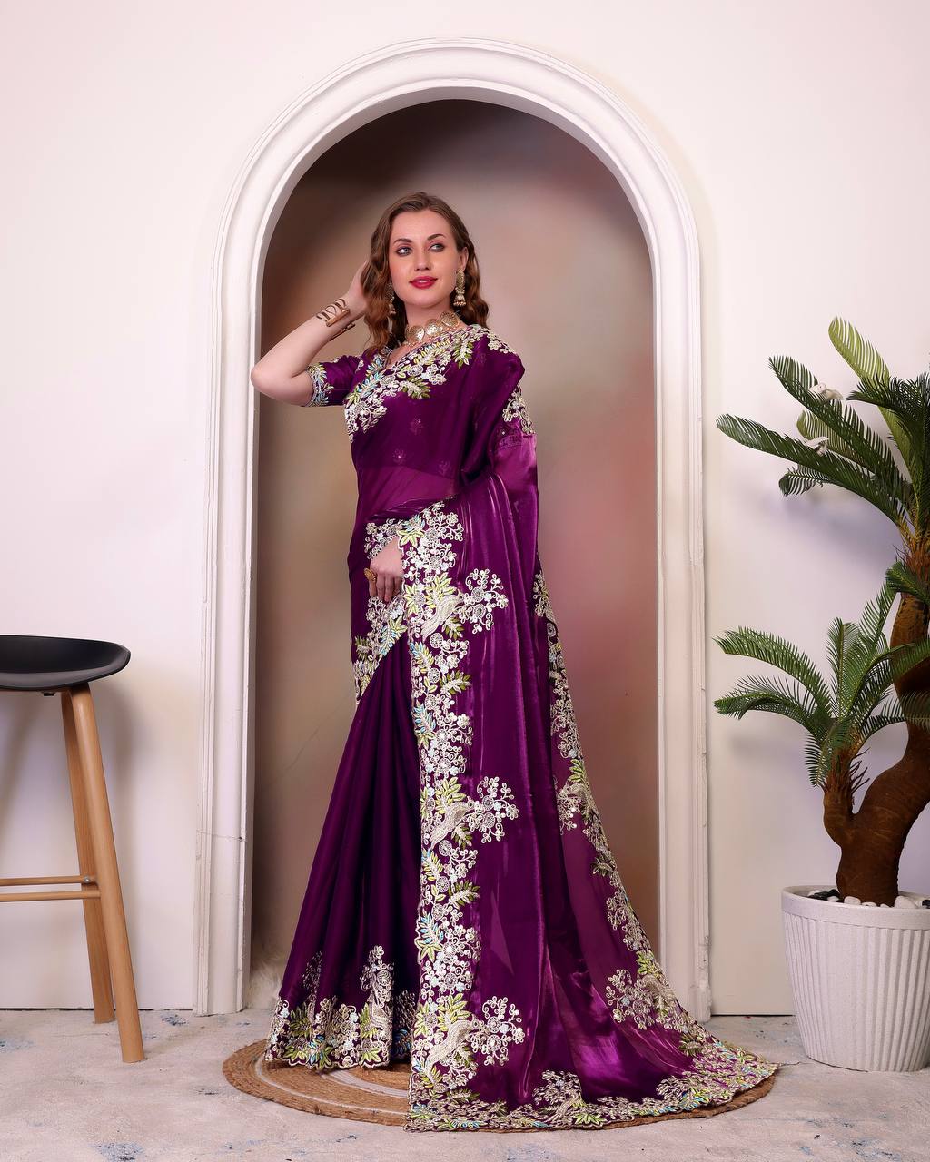 Designer Jimmy Cho Fabric Saree with Heavy Multi-Thread Embroidery, Coding & Sequins, Fancy Cutwork Border, and Mono Beglory Silk Blouse (1.2 Mtr Unstitched)