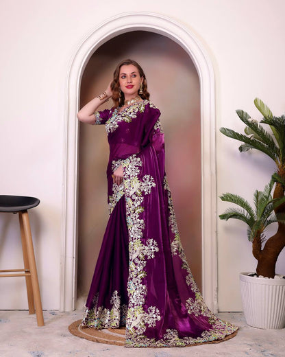 Designer Jimmy Cho Fabric Saree with Heavy Multi-Thread Embroidery, Coding & Sequins, Fancy Cutwork Border, and Mono Beglory Silk Blouse (1.2 Mtr Unstitched)