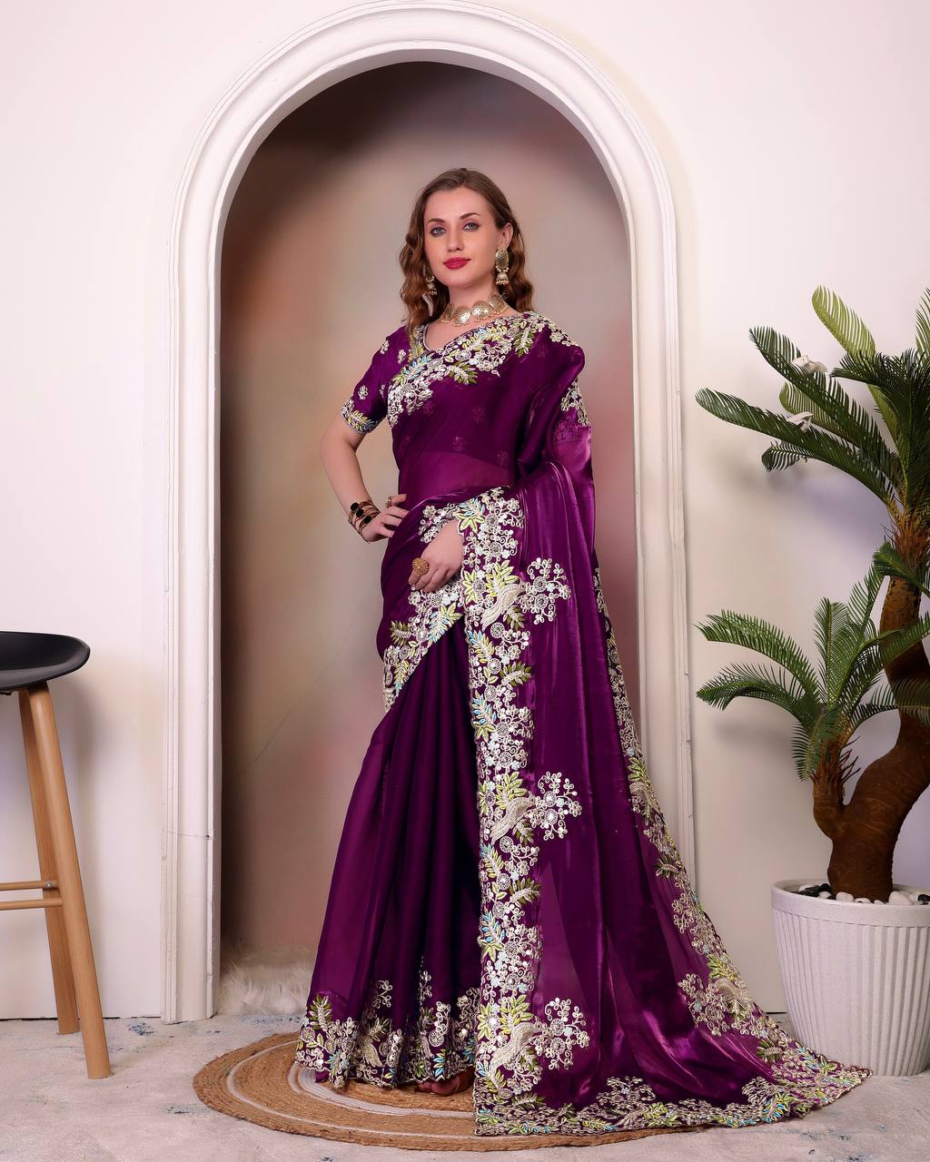 Designer Jimmy Cho Fabric Saree with Heavy Multi-Thread Embroidery, Coding & Sequins, Fancy Cutwork Border, and Mono Beglory Silk Blouse (1.2 Mtr Unstitched)