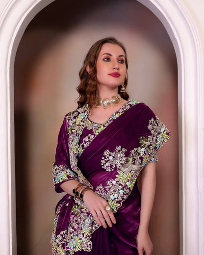 Designer Jimmy Cho Fabric Saree with Heavy Multi-Thread Embroidery, Coding & Sequins, Fancy Cutwork Border, and Mono Beglory Silk Blouse (1.2 Mtr Unstitched)