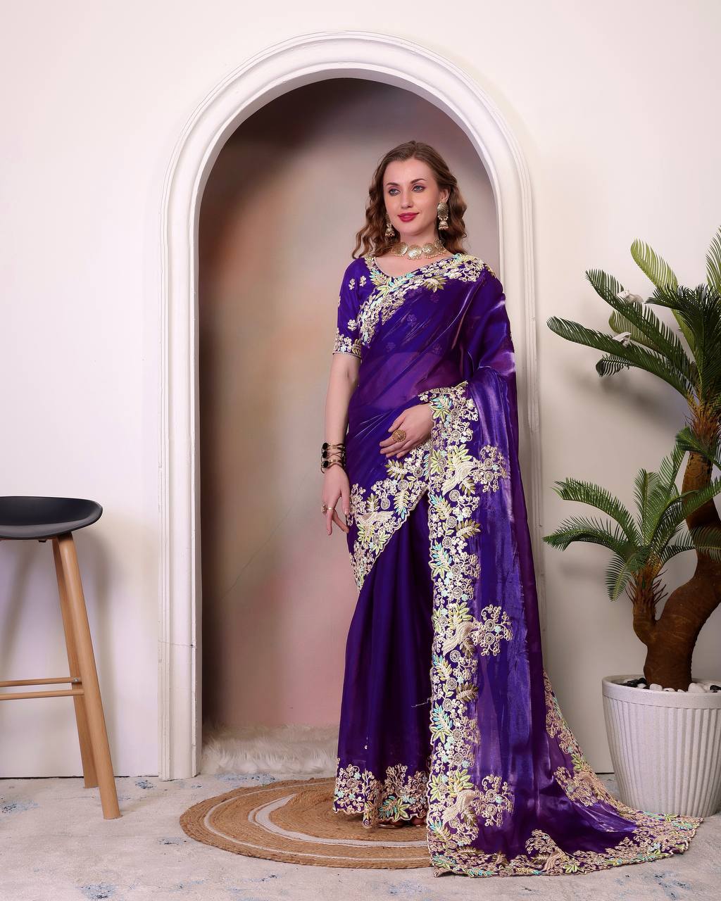 Designer Jimmy Cho Fabric Saree with Heavy Multi-Thread Embroidery, Coding & Sequins, Fancy Cutwork Border, and Mono Beglory Silk Blouse (1.2 Mtr Unstitched)