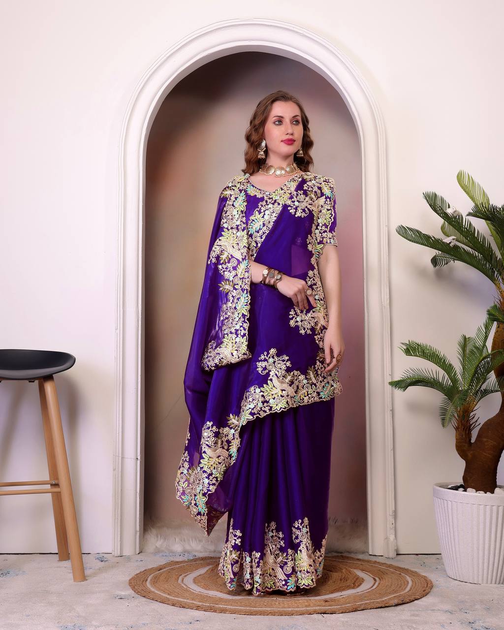 Designer Jimmy Cho Fabric Saree with Heavy Multi-Thread Embroidery, Coding & Sequins, Fancy Cutwork Border, and Mono Beglory Silk Blouse (1.2 Mtr Unstitched)