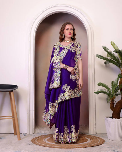 Designer Jimmy Cho Fabric Saree with Heavy Multi-Thread Embroidery, Coding & Sequins, Fancy Cutwork Border, and Mono Beglory Silk Blouse (1.2 Mtr Unstitched)