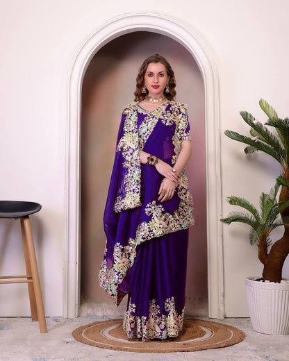 Designer Jimmy Cho Fabric Saree with Heavy Multi-Thread Embroidery, Coding & Sequins, Fancy Cutwork Border, and Mono Beglory Silk Blouse (1.2 Mtr Unstitched)