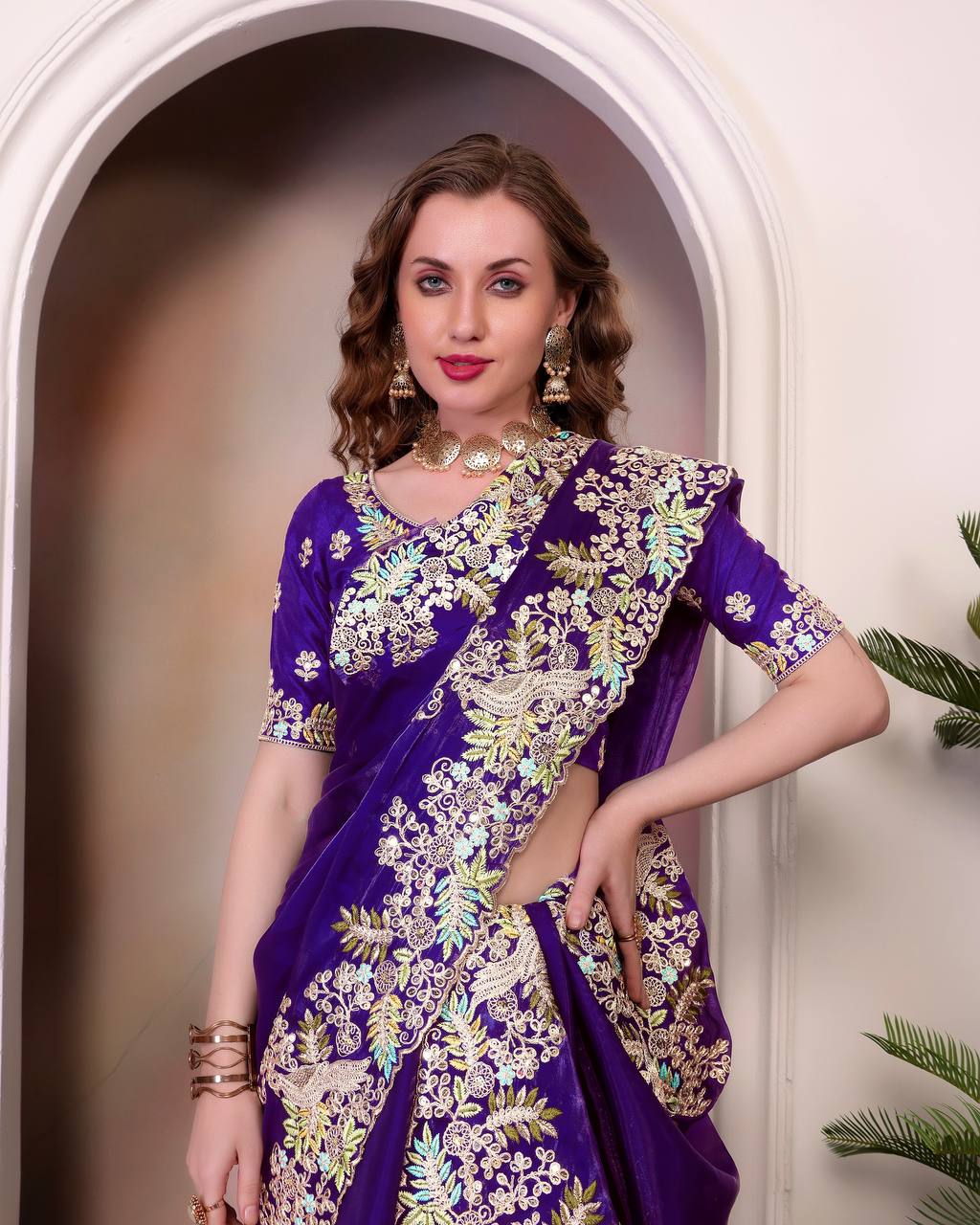 Designer Jimmy Cho Fabric Saree with Heavy Multi-Thread Embroidery, Coding & Sequins, Fancy Cutwork Border, and Mono Beglory Silk Blouse (1.2 Mtr Unstitched)