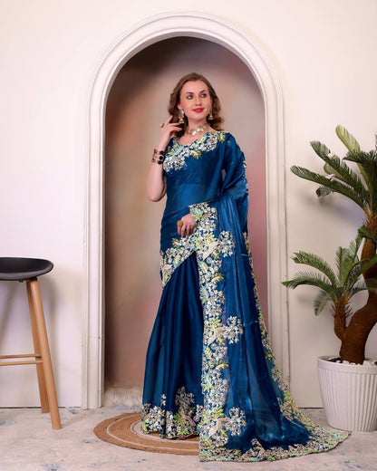 Designer Jimmy Cho Fabric Saree with Heavy Multi-Thread Embroidery, Coding & Sequins, Fancy Cutwork Border, and Mono Beglory Silk Blouse (1.2 Mtr Unstitched)