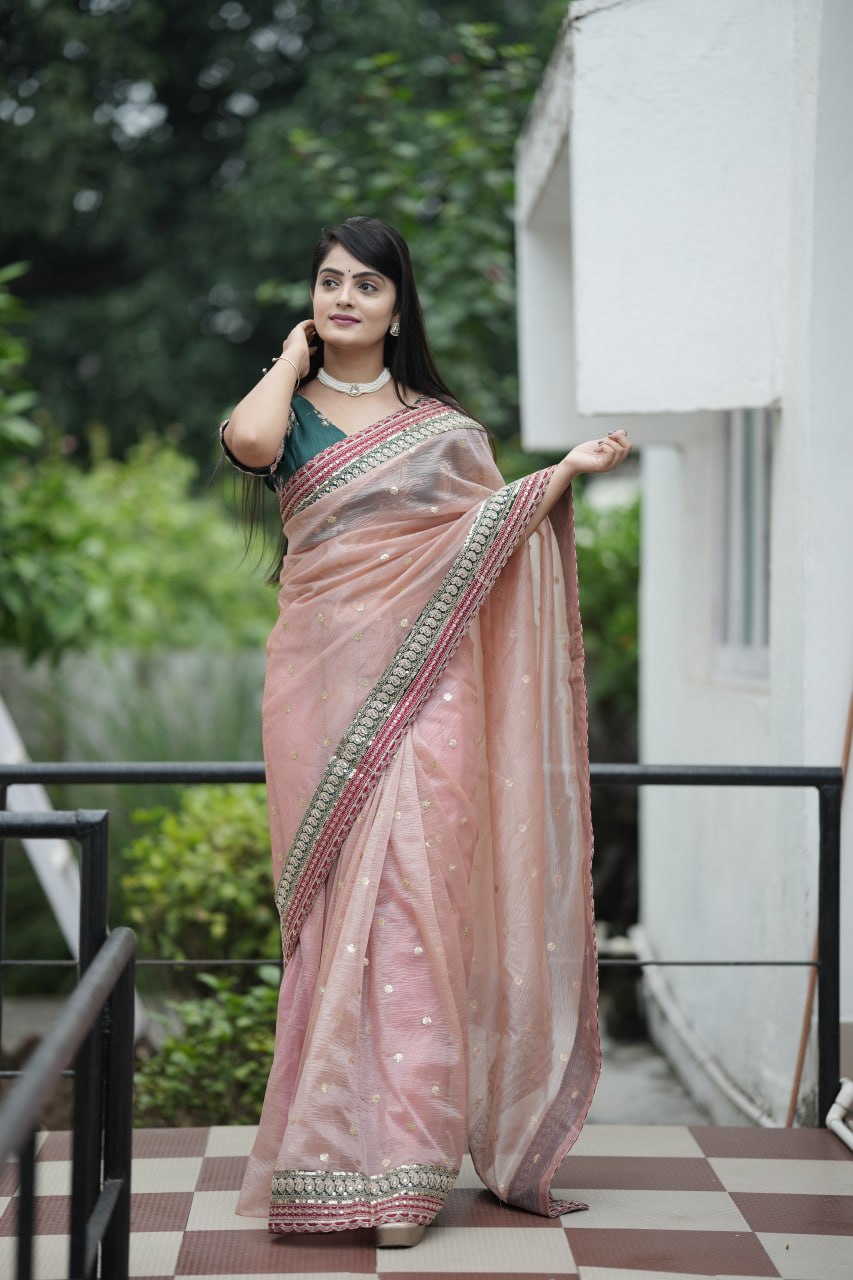 Heavy Twilve Banarasi Crush Saree with Sequins, Cording Embroidery, Jari Weave, Lace Border, with Tapeta Silk Blouse