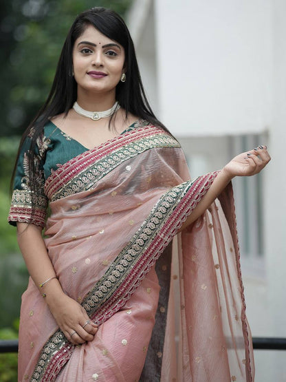 Heavy Twilve Banarasi Crush Saree with Sequins, Cording Embroidery, Jari Weave, Lace Border, with Tapeta Silk Blouse