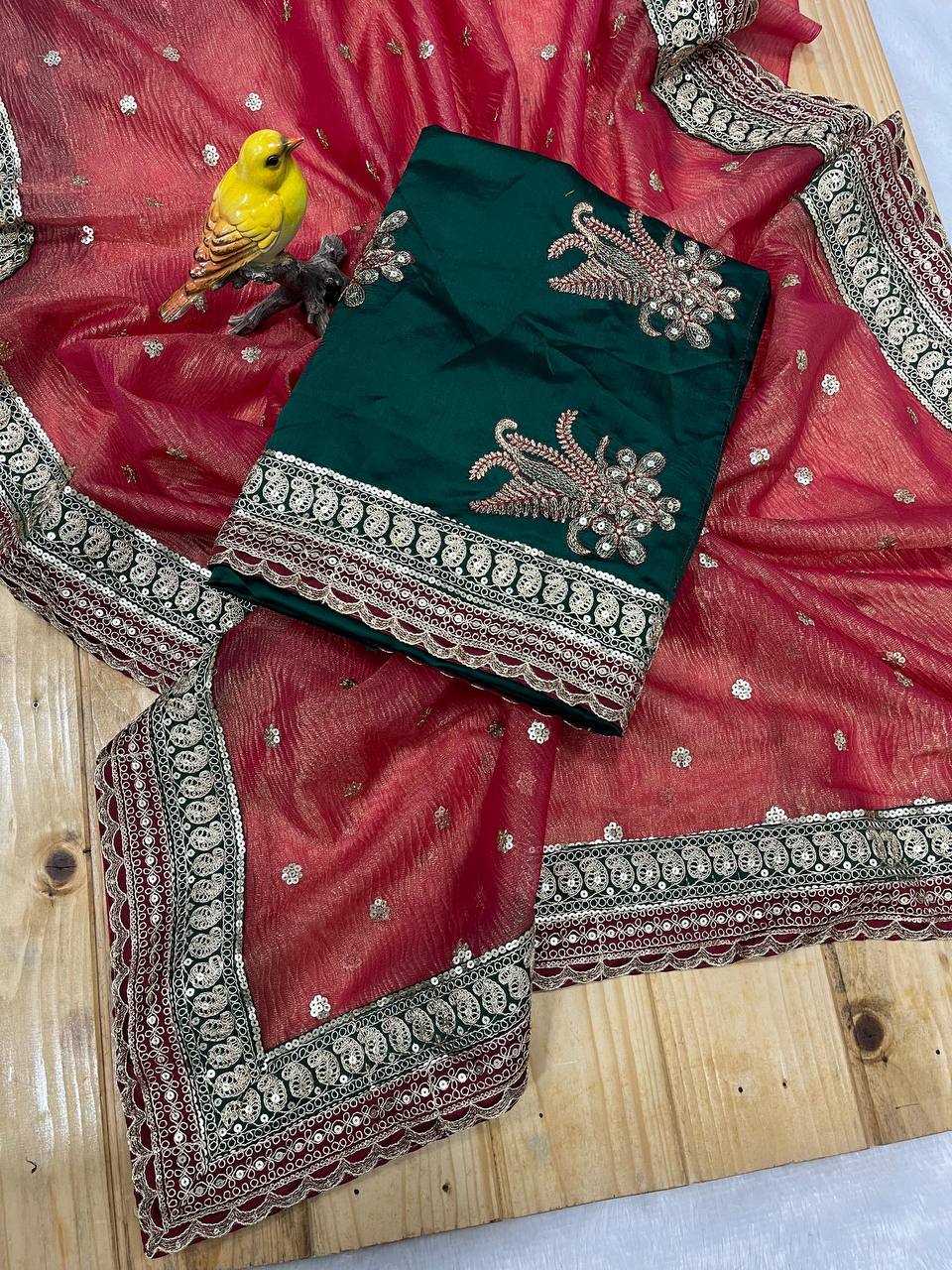 Heavy Twilve Banarasi Crush Saree with Sequins, Cording Embroidery, Jari Weave, Lace Border, with Tapeta Silk Blouse