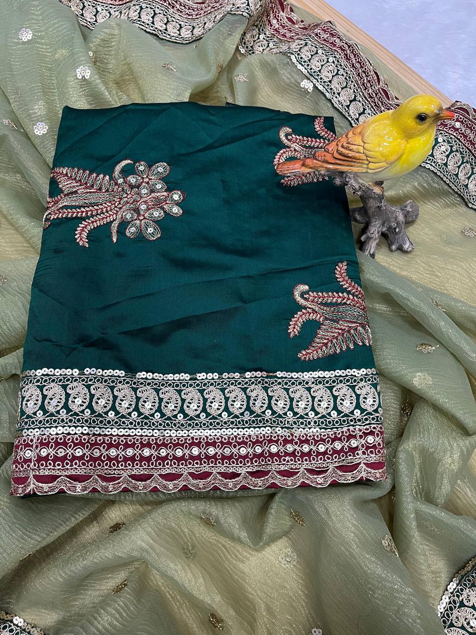 Heavy Twilve Banarasi Crush Saree with Sequins, Cording Embroidery, Jari Weave, Lace Border, with Tapeta Silk Blouse