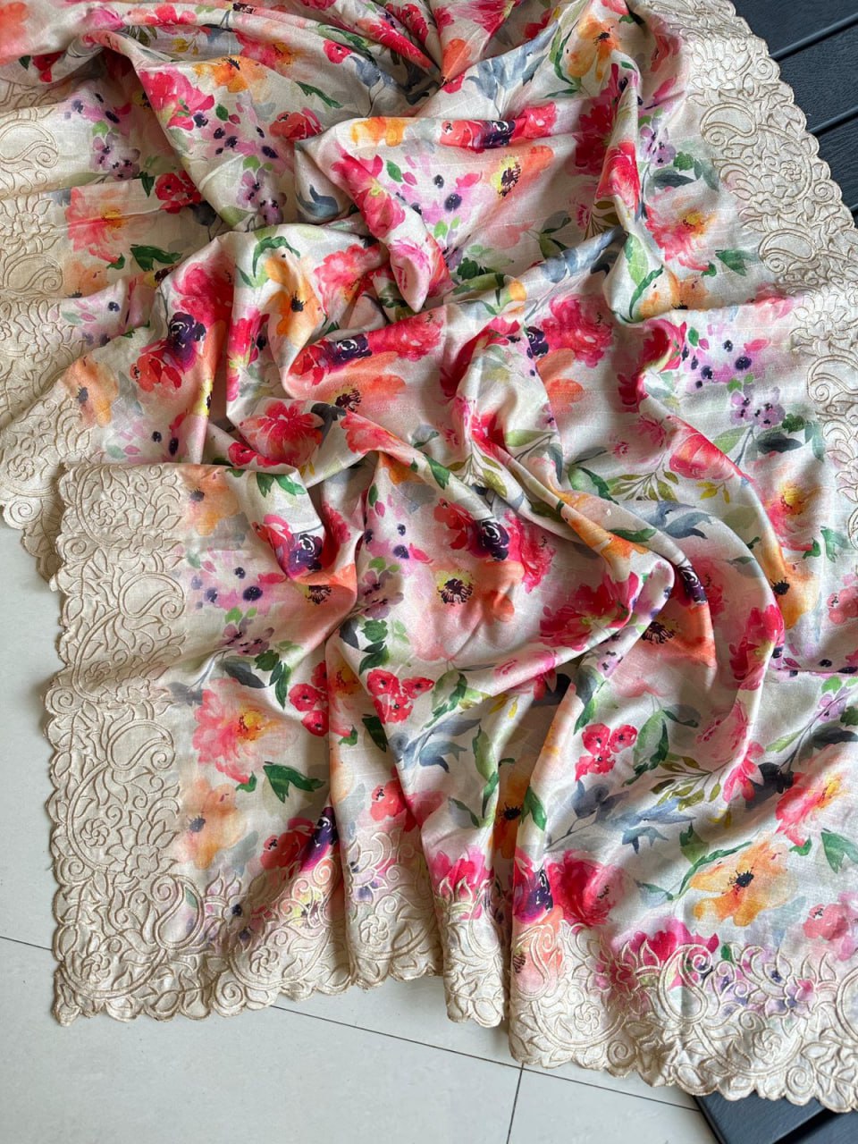 Flower Print Embroidered Multi And Cut Pattern With Digital Print Work
