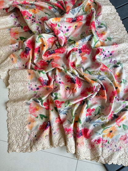 Flower Print Embroidered Multi And Cut Pattern With Digital Print Work