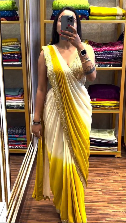Real Mirror Work Embroidery Cording Work Ready To Wear Saree