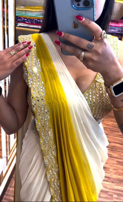 Real Mirror Work Embroidery Cording Work Ready To Wear Saree