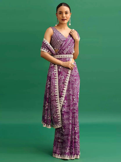 Chinnon Silk Saree | Digital Prints & Embroidery Codding, Sequins Work | Fancy CutWork Border | Includes Chinnon Silk Blouse