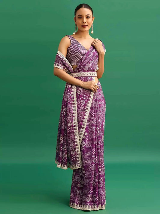 Chinnon Silk Saree | Digital Prints & Embroidery Codding, Sequins Work | Fancy CutWork Border | Includes Chinnon Silk Blouse