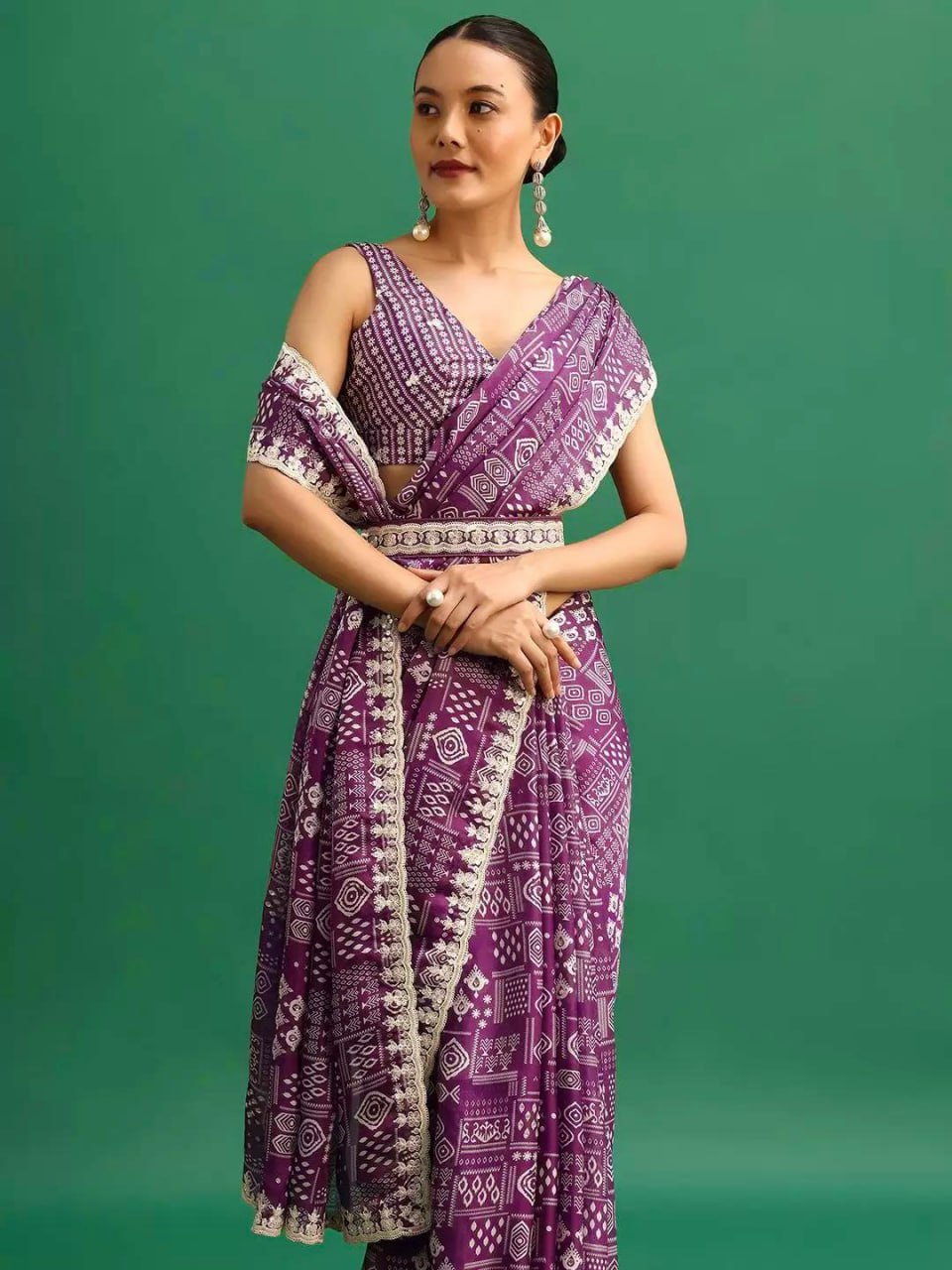 Chinnon Silk Saree | Digital Prints & Embroidery Codding, Sequins Work | Fancy CutWork Border | Includes Chinnon Silk Blouse