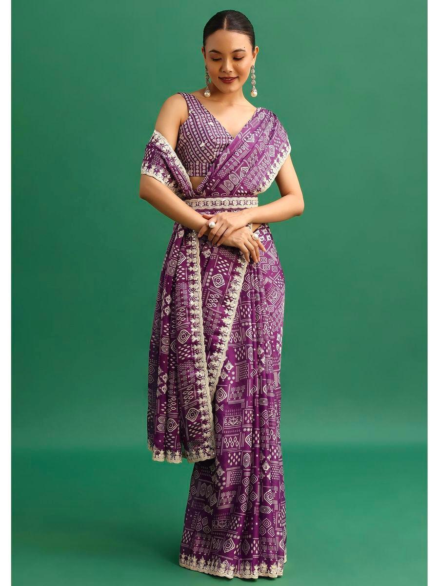 Chinnon Silk Saree | Digital Prints & Embroidery Codding, Sequins Work | Fancy CutWork Border | Includes Chinnon Silk Blouse