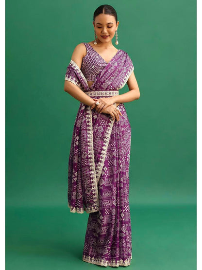 Chinnon Silk Saree | Digital Prints & Embroidery Codding, Sequins Work | Fancy CutWork Border | Includes Chinnon Silk Blouse