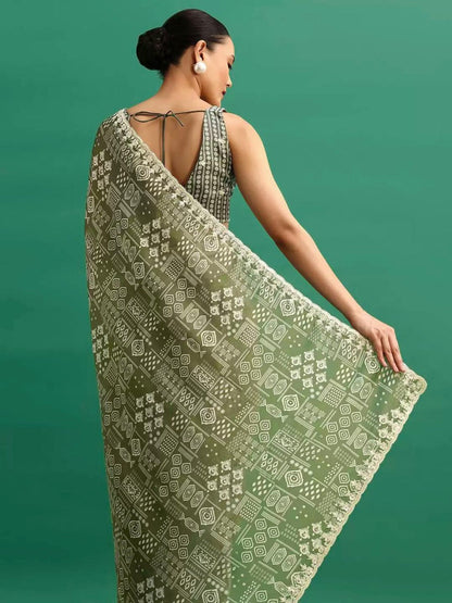 Chinnon Silk Saree | Digital Prints & Embroidery Codding, Sequins Work | Fancy CutWork Border | Includes Chinnon Silk Blouse