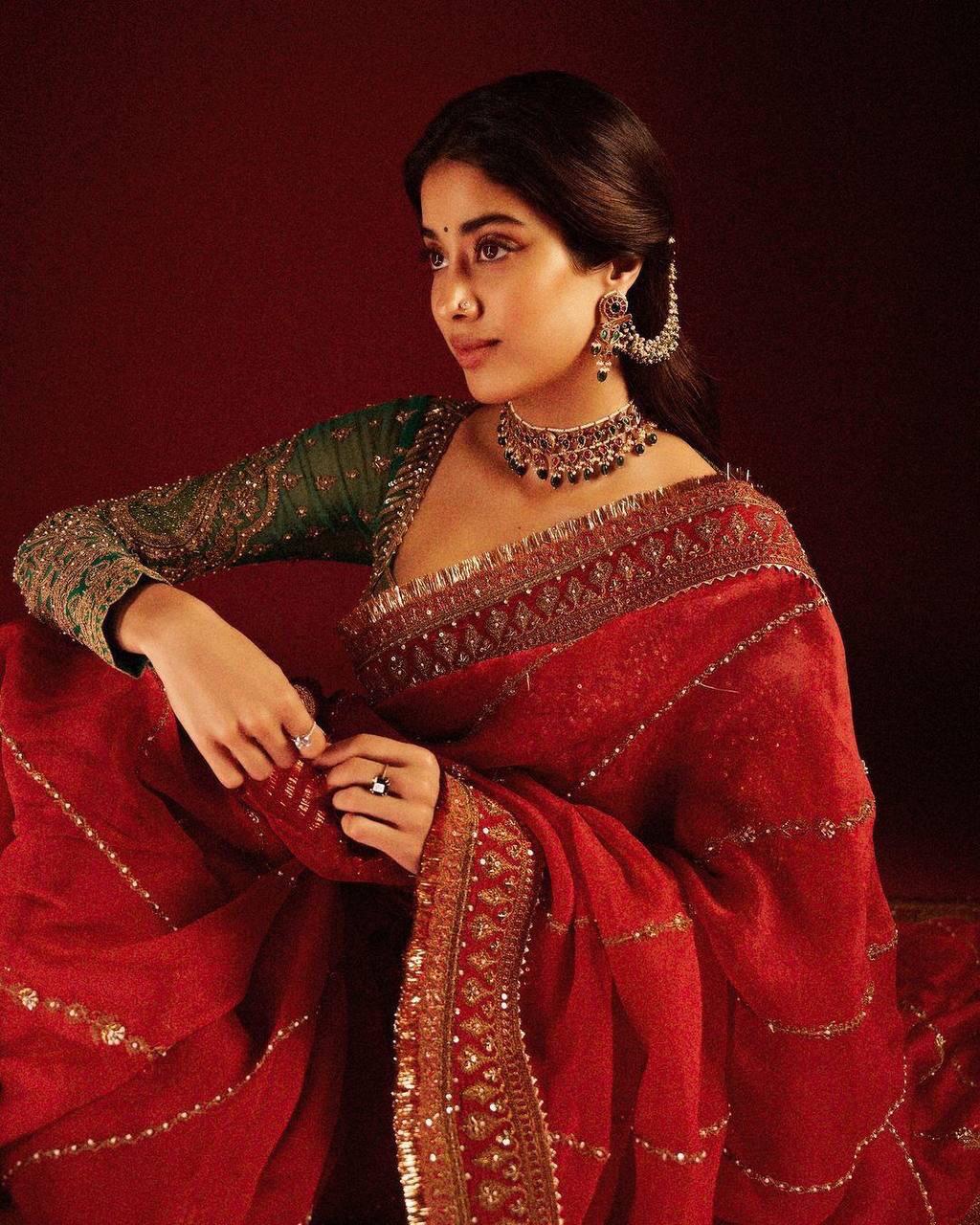 Janhvi Kapoor Inspired Red Organza Cording Sequence Saree with Embroidery Work Blouse