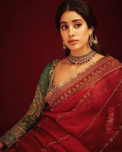 Janhvi Kapoor Inspired Red Organza Cording Sequence Saree with Embroidery Work Blouse