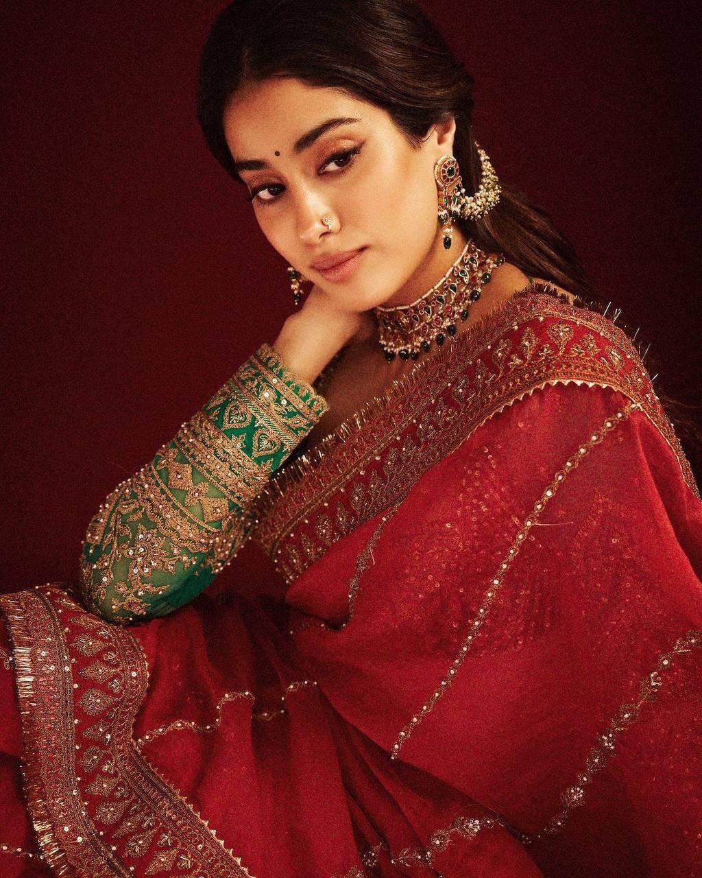 Janhvi Kapoor Inspired Red Organza Cording Sequence Saree with Embroidery Work Blouse