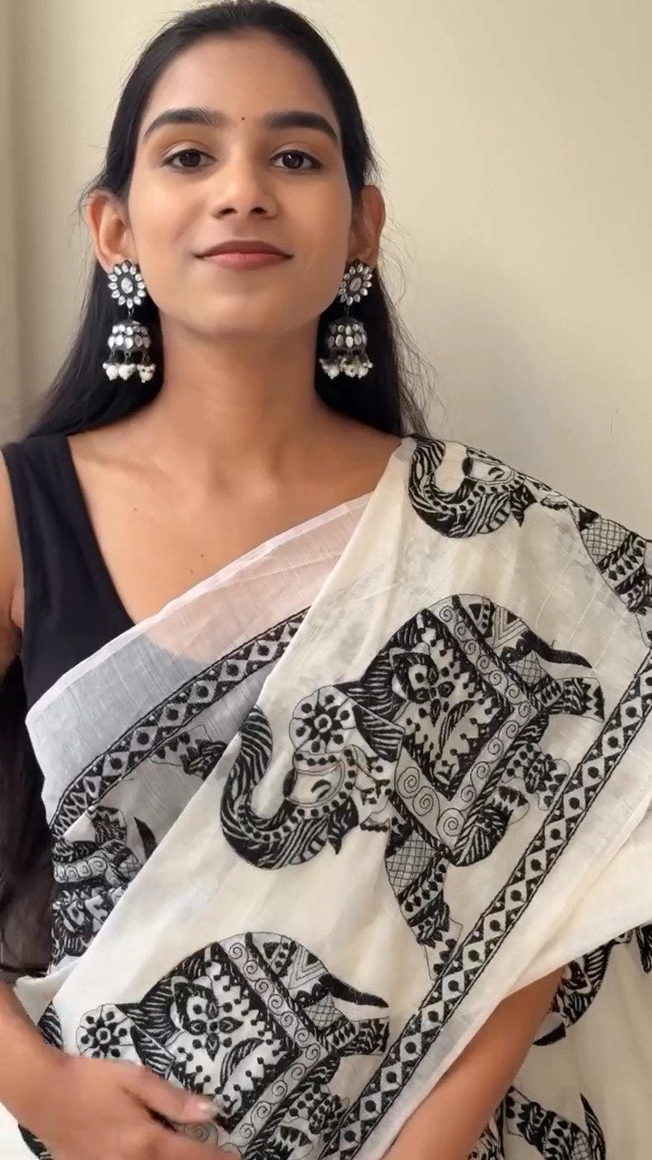 Premium Soft Cotton Saree, Heavy Cotton Digital Print Border Work Mono Silk Unstitched Blouse