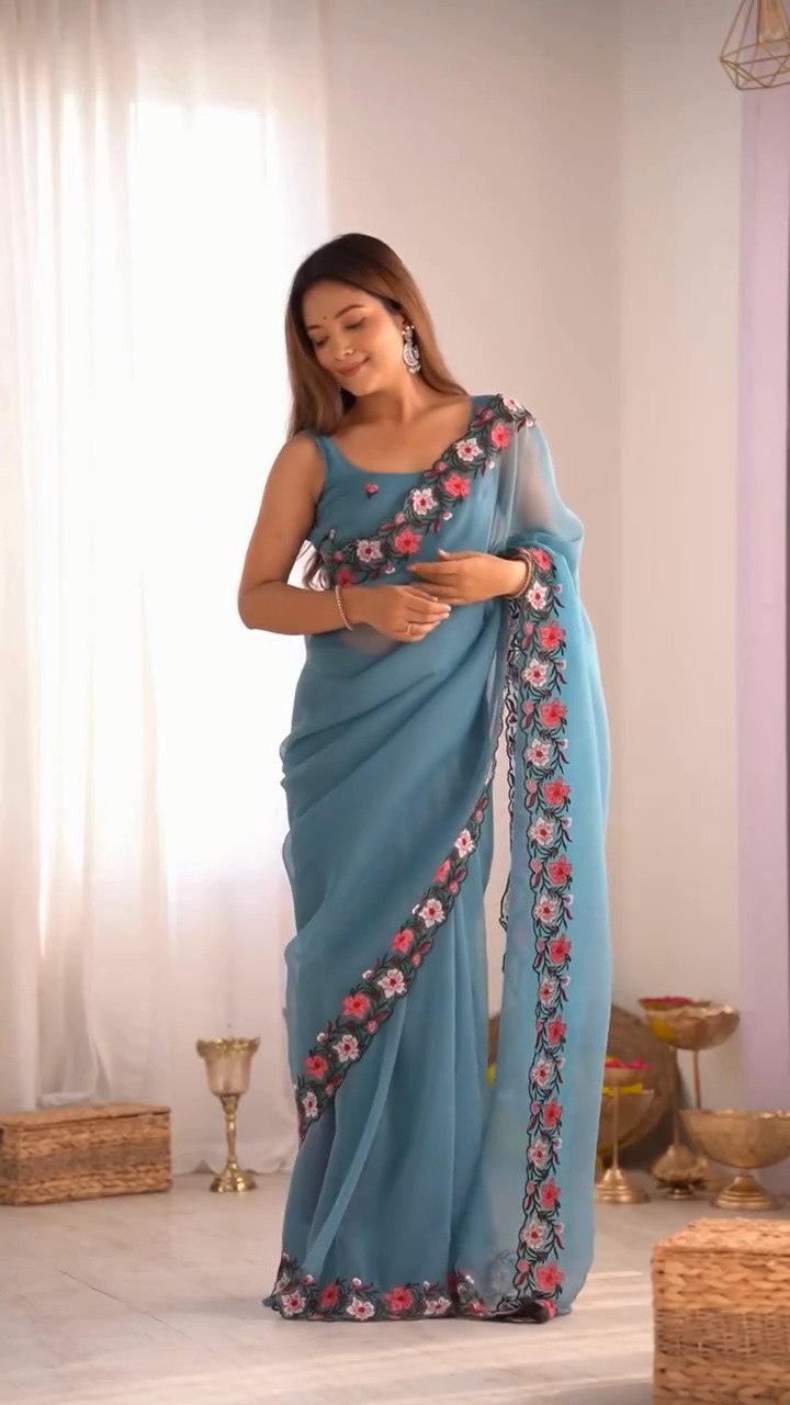 Beautiful Pastel Embroidery Multi-Thread Work Saree