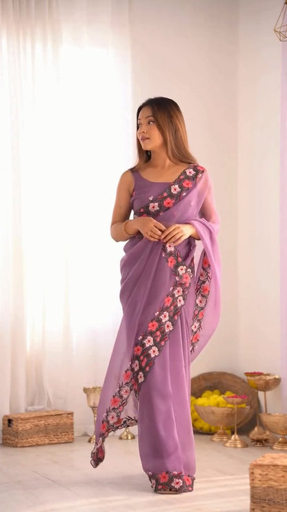 Beautiful Pastel Embroidery Multi-Thread Work Saree
