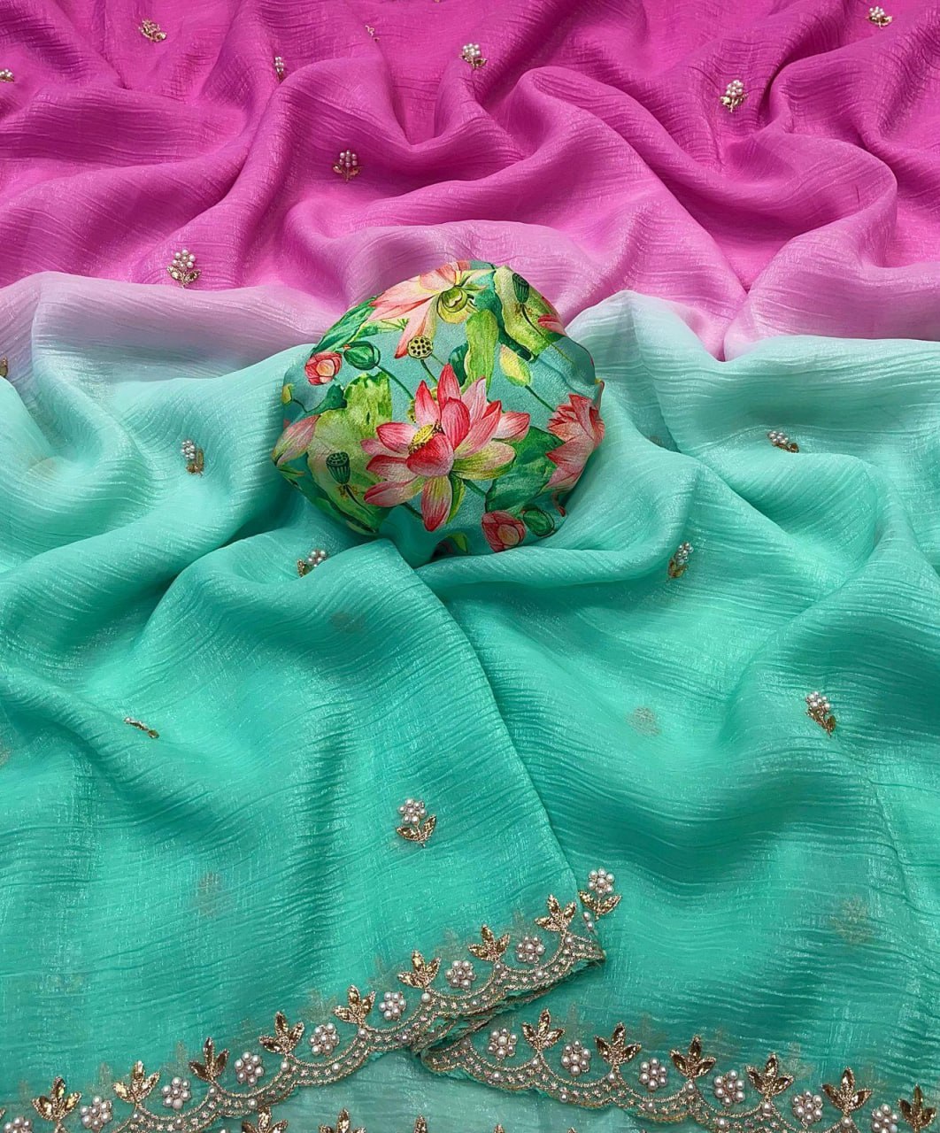 Flower Embroidered and Hand Moti work Saree