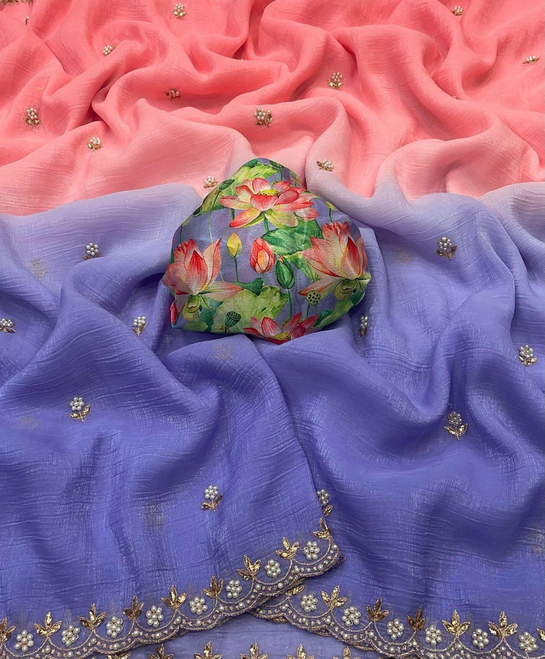 Flower Embroidered and Hand Moti work Saree
