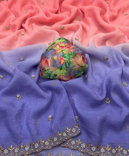 Flower Embroidered and Hand Moti work Saree