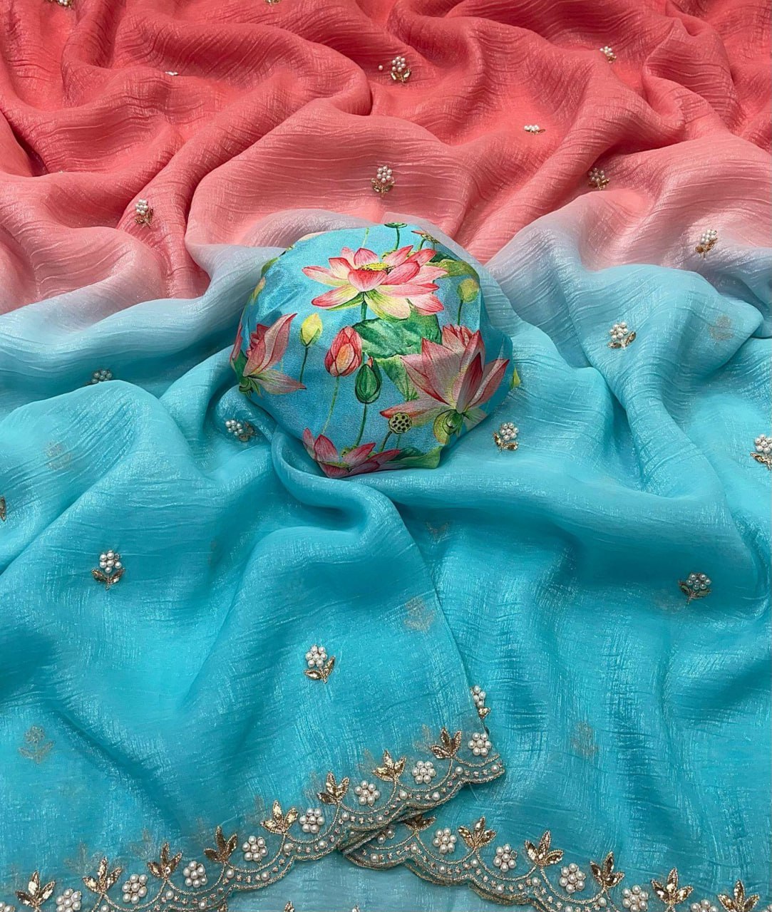 Flower Embroidered and Hand Moti work Saree