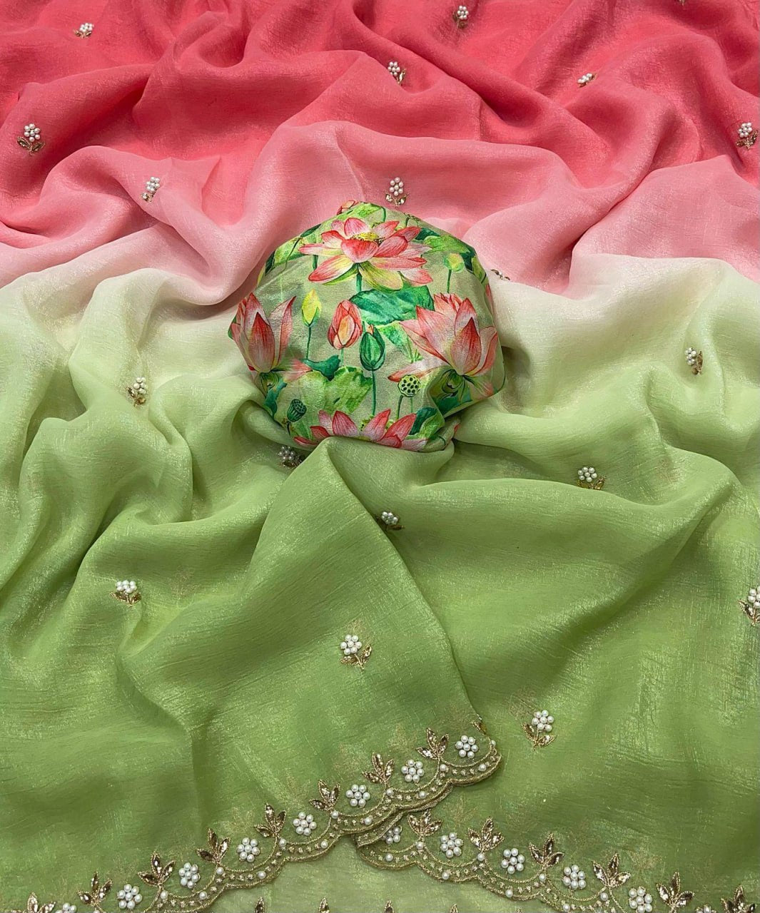 Flower Embroidered and Hand Moti work Saree