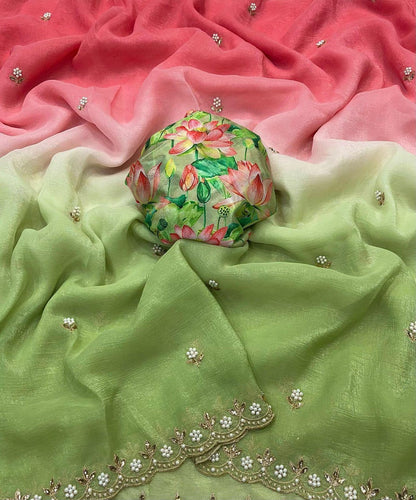 Flower Embroidered and Hand Moti work Saree