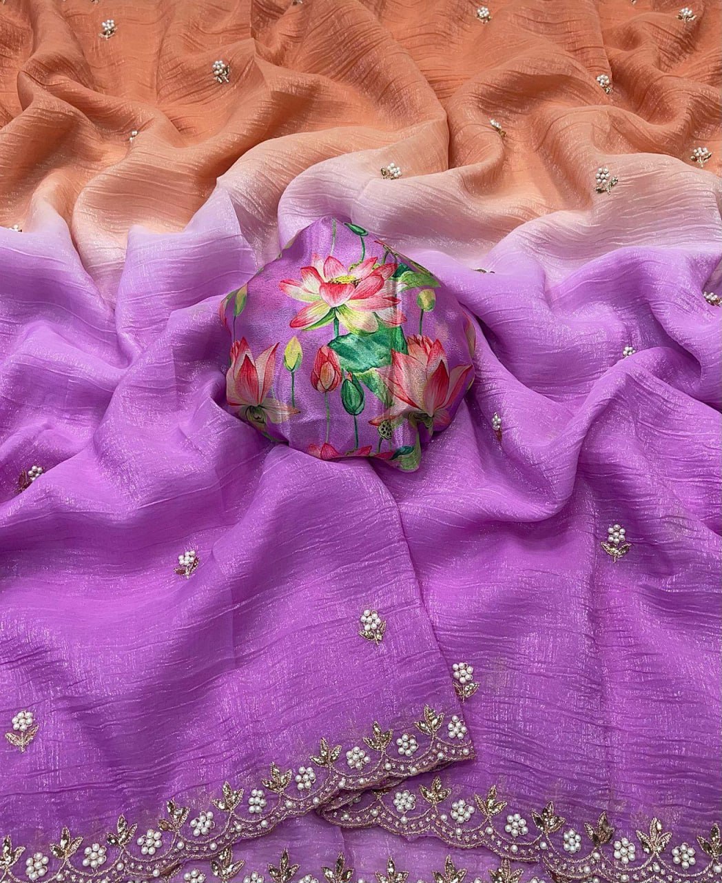 Flower Embroidered and Hand Moti work Saree