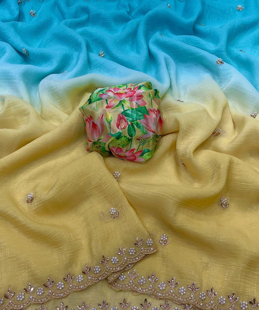 Flower Embroidered and Hand Moti work Saree