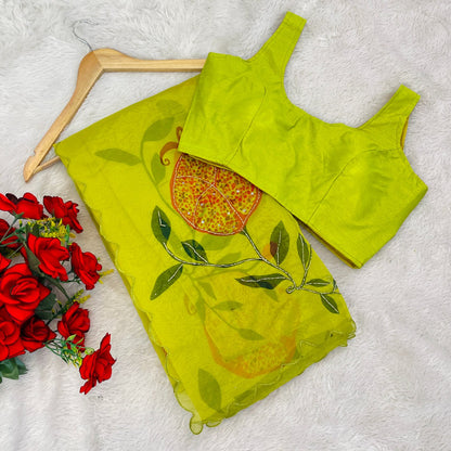 Soft Organza Digital Print Saree With Full Handwork And Border Stitched Silk Blouse