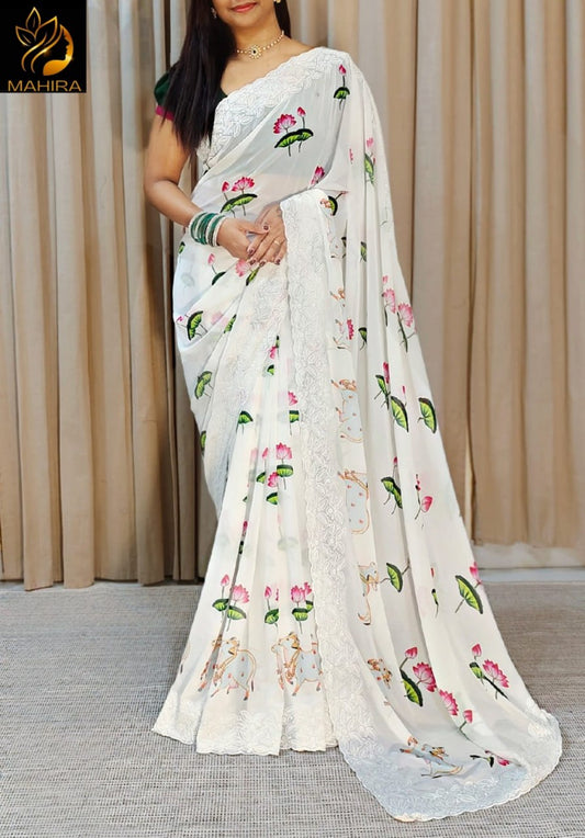 Soft Georgette Fabric Along With Pichwai Print Along With Lucknowi Pure Viscous Cotton Thread With Cutwork