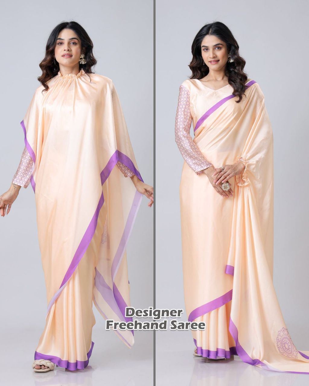 Peach New Designer Traditional  Ready To Wear Freehand Saree Collection