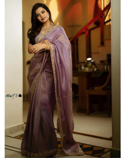 Peach Color Silver Tissue Silk Saree And Blouse